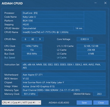 Результаты теста AIDA64 CPUID для ноутбука Acer SWIFT 7